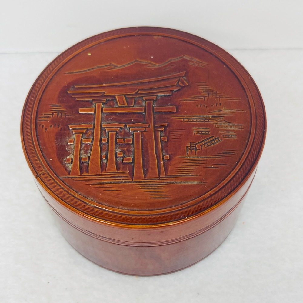 Vintage Japanese Lacquerware Coaster Set Carved Torii Gate Wood Box 7pc Set